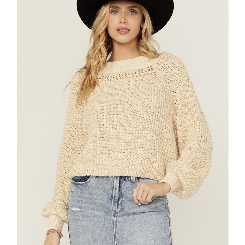 Cleo + Wolf Women's Large Open Weave Cropped Boxy Sweater Oatmeal Boho Western